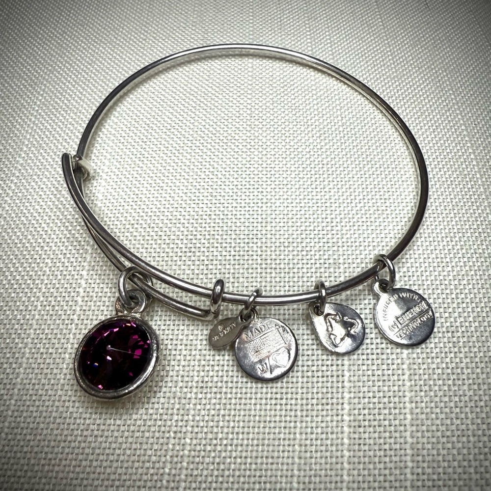 Alex and Ani expandable bangle bracelet w/ round faceted birthstone-like crystal